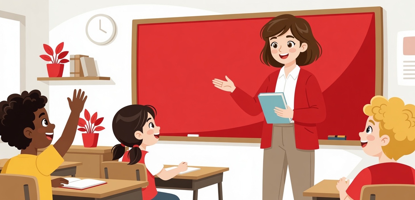 Illustration of a classroom: a teacher with a book stands at a red board while students listen